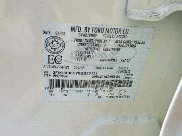 2FMDK38C78BB33131 - 2008 FORD EDGE SEL CREAM photo 10