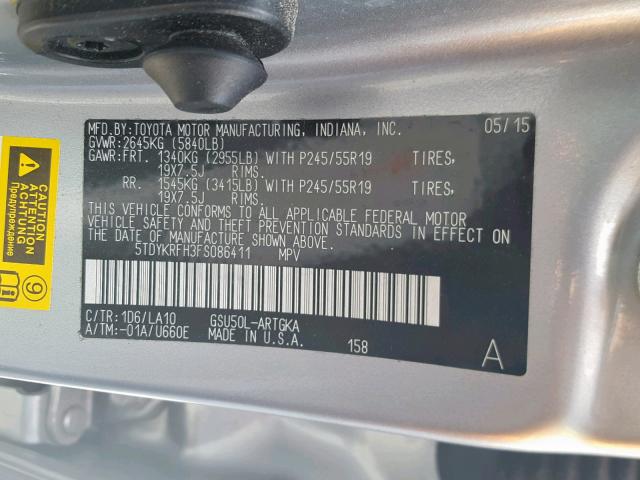 5TDYKRFH3FS086411 - 2015 TOYOTA HIGHLANDER SILVER photo 10