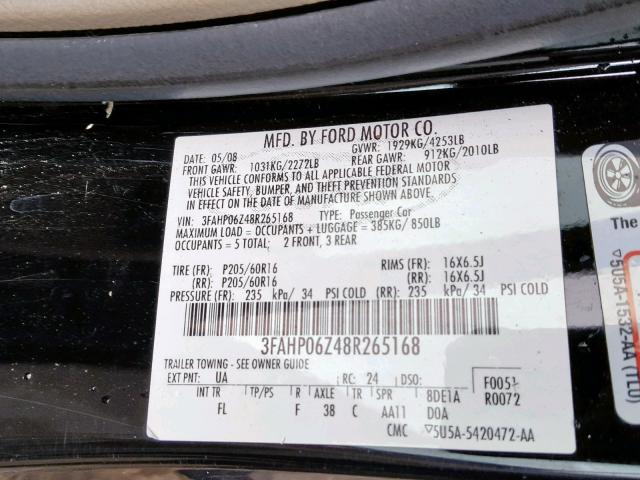 3FAHP06Z48R265168 - 2008 FORD FUSION S BLACK photo 10