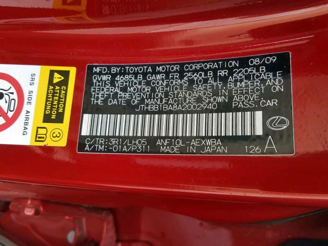 JTHBB1BA8A2002940 - 2010 LEXUS HS 250H RED photo 10