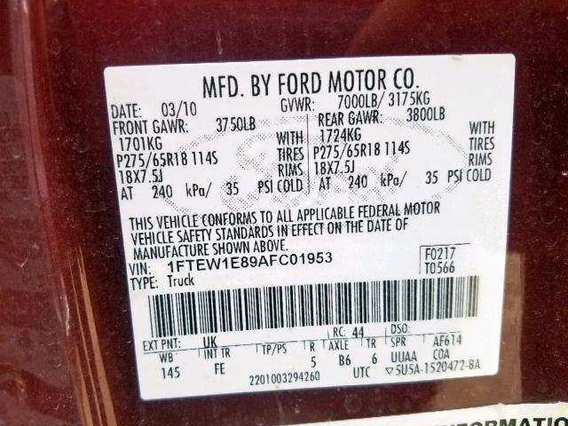 1FTEW1E89AFC01953 - 2010 FORD F150 SUPER MAROON photo 10