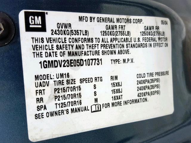 1GMDV23E05D107731 - 2005 PONTIAC MONTANA BLUE photo 10