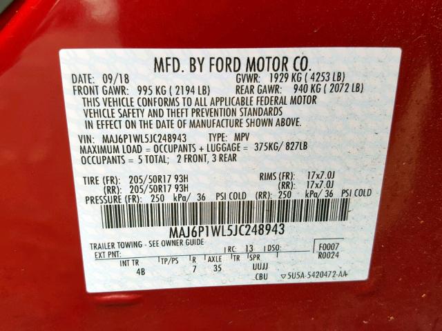 MAJ6P1WL5JC248943 - 2018 FORD ECOSPORT T BLACK photo 10