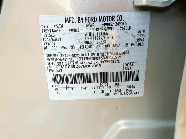 2FMDK49C57BB02995 - 2007 FORD EDGE SEL P CREAM photo 10