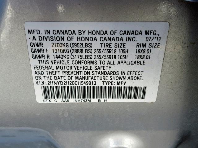 2HNYD2H20CH549913 - 2012 ACURA MDX SILVER photo 10