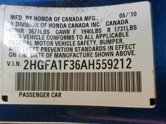 2HGFA1F36AH559212 - 2010 HONDA CIVIC VP BLUE photo 10