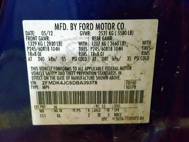 2FMDK4JC6DBA39378 - 2013 FORD EDGE SEL BLUE photo 10