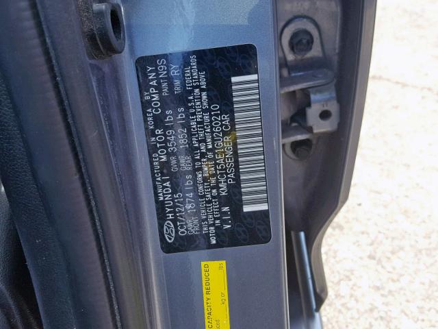 KMHCT5AE1GU260210 - 2016 HYUNDAI ACCENT SE GRAY photo 10