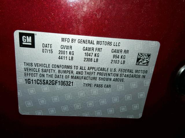 1G11C5SA2GF106321 - 2016 CHEVROLET MALIBU LIM 红色 照片 10