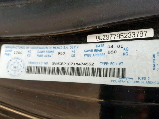 3VWCB21C71M474552 - 2001 VOLKSWAGEN NEW BEETLE Qara foto 10