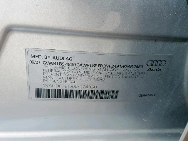 WAUDF78E88A024350 - 2008 AUDI A4 2.0T QU SILVER photo 10