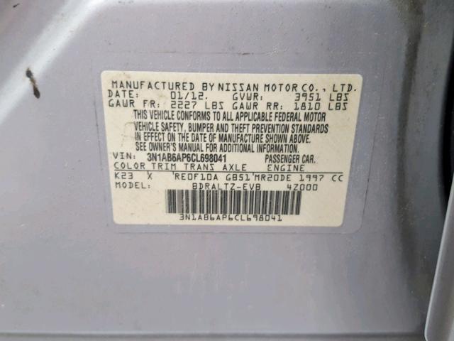 3N1AB6AP6CL698041 - 2012 NISSAN SENTRA 2.0 SILVER photo 10