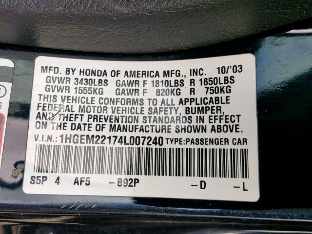 1HGEM22174L007240 - 2004 HONDA CIVIC DX V BLACK photo 10