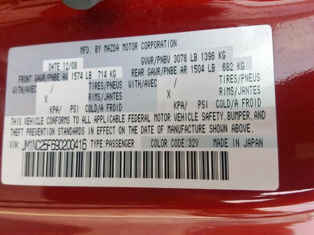 JM1NC25F690200416 - 2009 MAZDA MX-5 MIATA RED photo 10