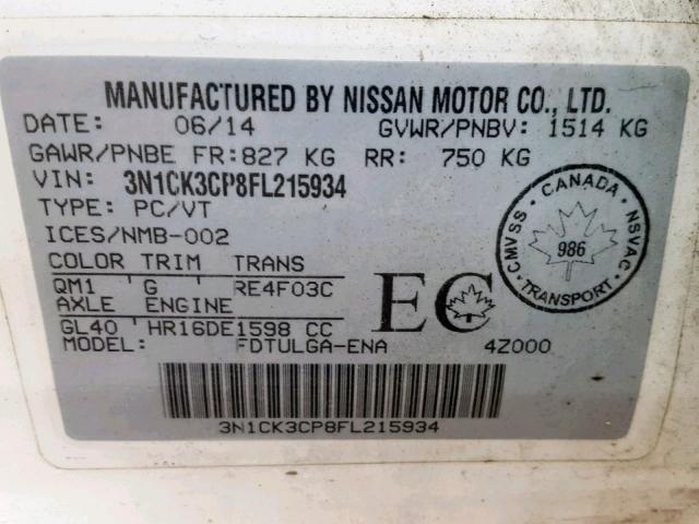 3N1CK3CP8FL215934 - 2015 NISSAN MICRA WHITE photo 10