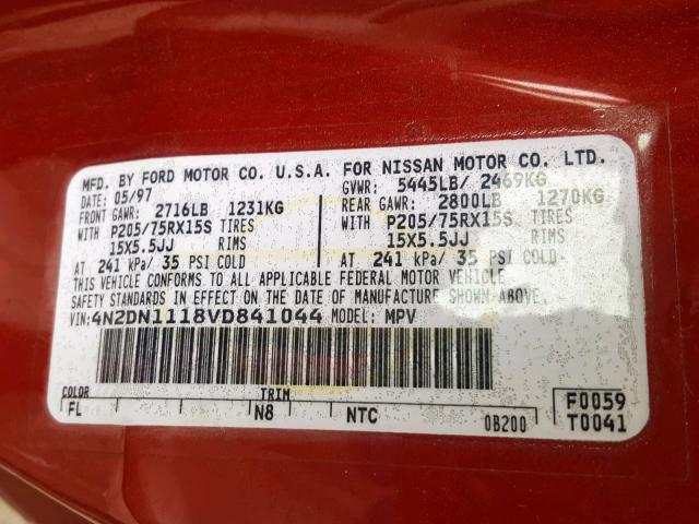 4N2DN1118VD841044 - 1997 NISSAN QUEST XE RED photo 10