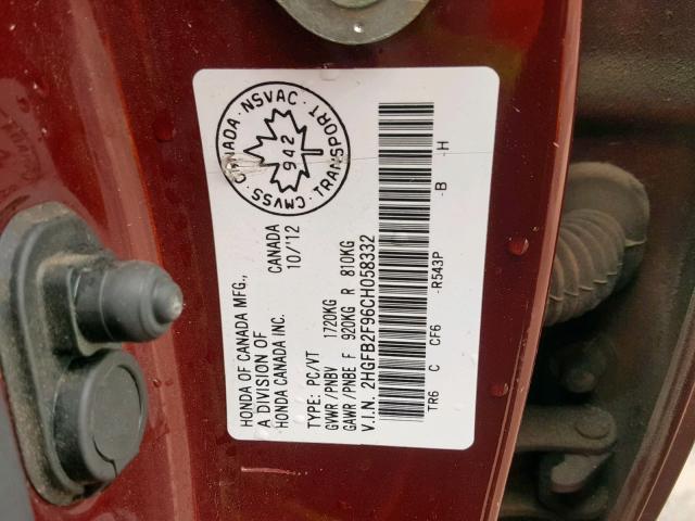 2HGFB2F96CH058332 - 2012 HONDA CIVIC EXL 红色 照片 10