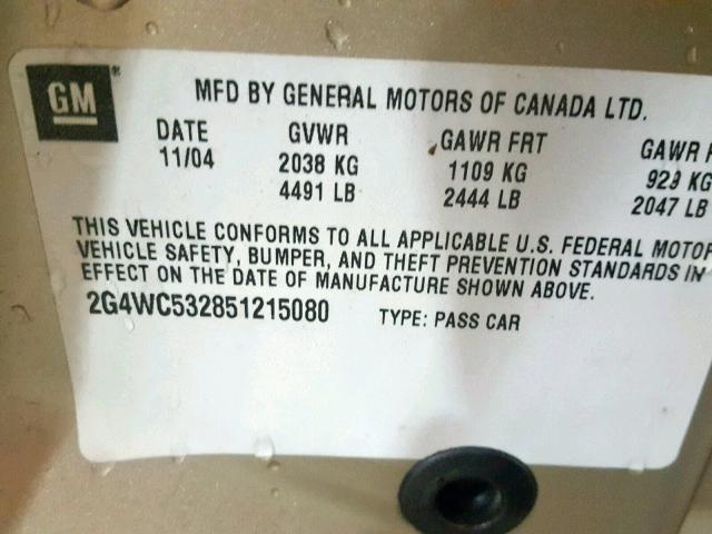 2G4WC532851215080 - 2005 BUICK LACROSSE C BEIGE photo 10