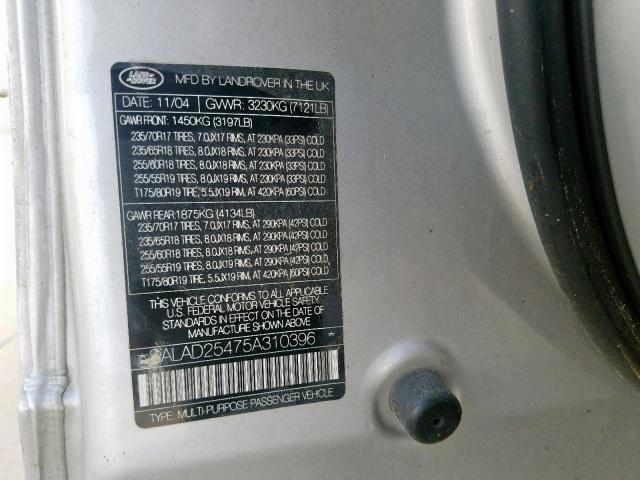 SALAD25475A310396 - 2005 LAND ROVER LR3 SE SILVER photo 10