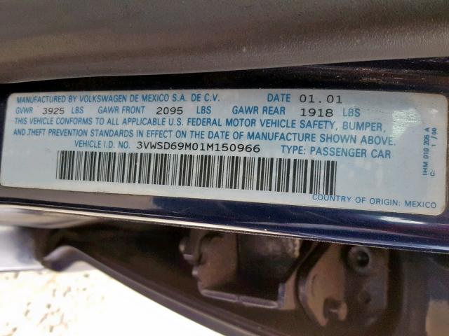 3VWSD69M01M150966 - 2001 VOLKSWAGEN JETTA GLS BLUE photo 10