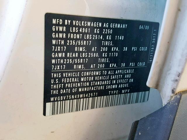 WVGBV75N49W542571 - 2009 VOLKSWAGEN TIGUAN SE WHITE photo 10