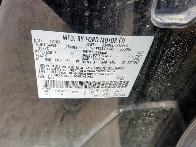 2FMDK3GC3ABA80421 - 2010 FORD EDGE SE BLACK photo 10