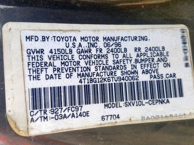 4T1BG12K6TU940062 - 1996 TOYOTA CAMRY DX PURPLE photo 10