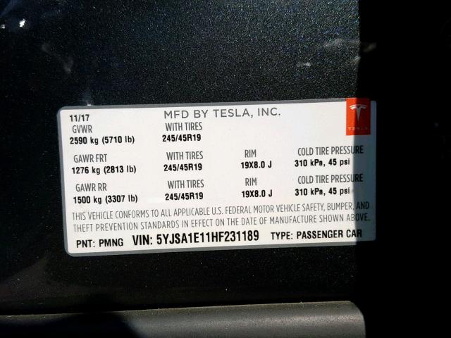 5YJSA1E11HF231189 - 2017 TESLA MODEL S رمادي صورة 10
