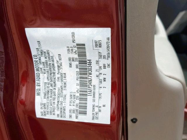 1FAFP34N77W303464 - 2007 FORD FOCUS ZX4 MAROON photo 10