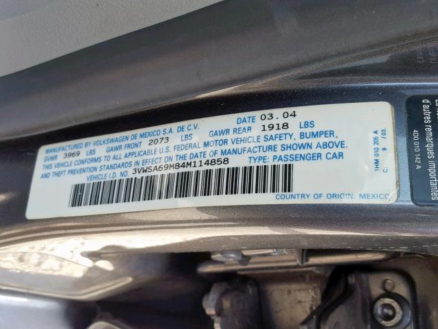 3VWSA69M84M114858 - 2004 VOLKSWAGEN JETTA GLS GRAY photo 10