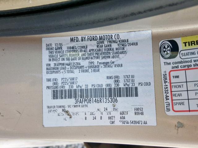 3FAFP08146R135306 - 2006 FORD FUSION SEL BEIGE photo 10