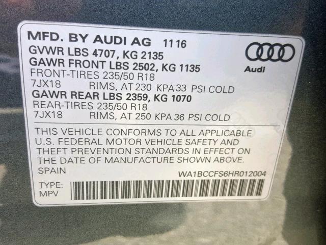 WA1BCCFS6HR012004 - 2017 AUDI Q3 PREMIUM GRAY photo 10