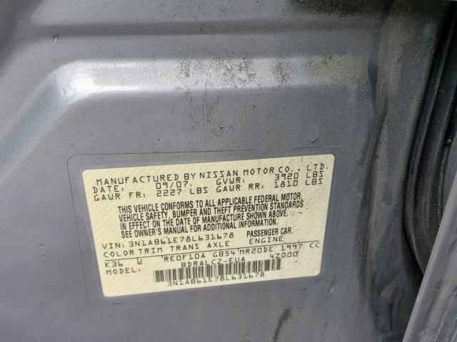 3N1AB61E78L631678 - 2008 NISSAN SENTRA 2.0 GRAY photo 10