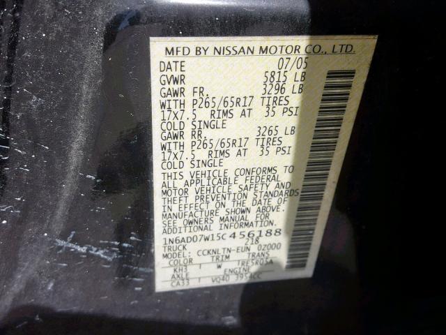 1N6AD07W15C456188 - 2005 NISSAN FRONTIER C BLACK photo 10