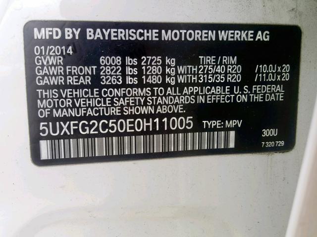 5UXFG2C50E0H11005 - 2014 BMW X6 XDRIVE3 WHITE photo 10