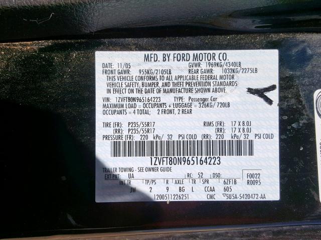 1ZVFT80N965164223 - 2006 FORD MUSTANG BLACK photo 10