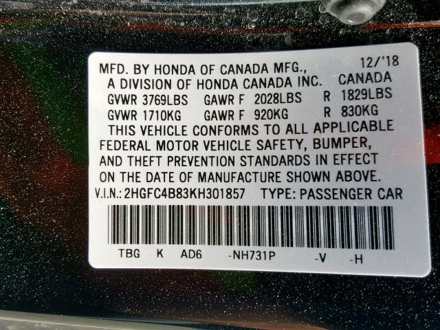 2HGFC4B83KH301857 - 2019 HONDA CIVIC SPOR BLACK photo 10