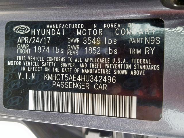 KMHCT5AE4HU342496 - 2017 HYUNDAI ACCENT SE CHARCOAL photo 10