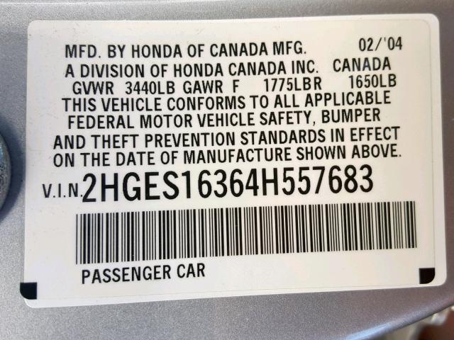 2HGES16364H557683 - 2004 HONDA CIVIC DX V SILVER photo 10