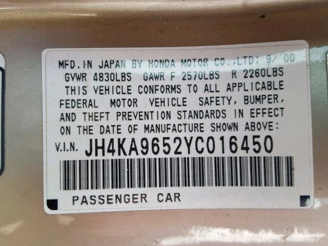 JH4KA9652YC016450 - 2000 ACURA 3.5RL BEIGE photo 10