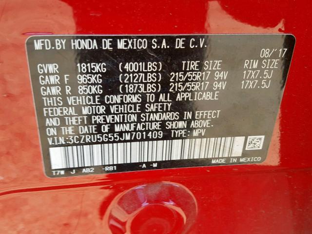 3CZRU5G55JM701409 - 2018 HONDA HR-V EX RED photo 10