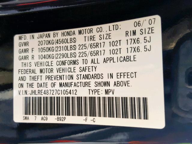 JHLRE48727C105412 - 2007 HONDA CR-V EXL BLACK photo 10