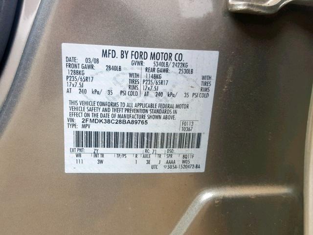 2FMDK38C28BA89765 - 2008 FORD EDGE SEL GRAY photo 10