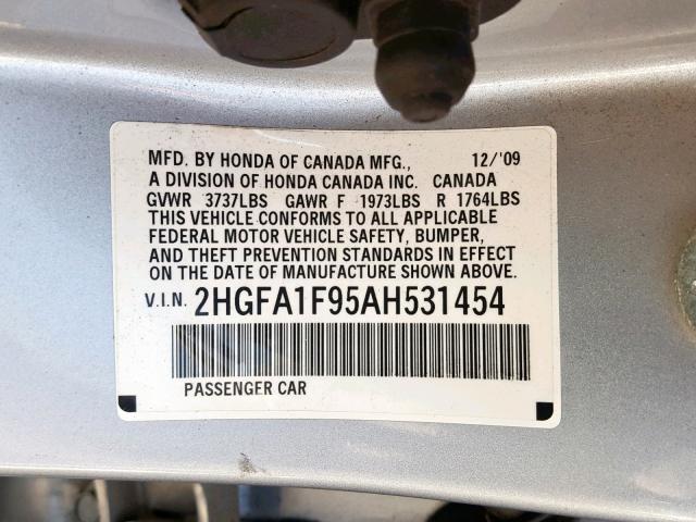 2HGFA1F95AH531454 - 2010 HONDA CIVIC EXL SILVER photo 10