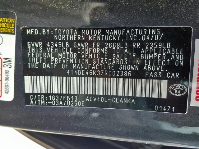 4T4BE46K37R002386 - 2007 TOYOTA CAMRY NEW CHARCOAL photo 10