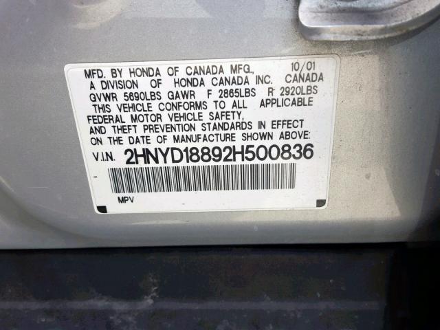 2HNYD18892H500836 - 2002 ACURA MDX TOURIN SILVER photo 10