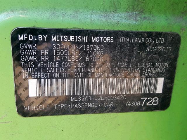 ML32A3HJ2EH003420 - 2014 MITSUBISHI MIRAGE DE GREEN photo 10