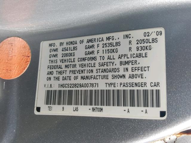 1HGCS22829A007871 - 2009 HONDA ACCORD EXL SILVER photo 10