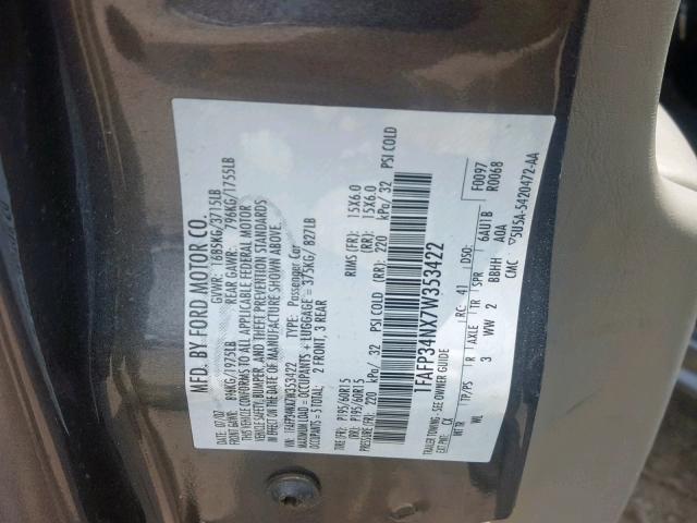 1FAFP34NX7W353422 - 2007 FORD FOCUS ZX4 GRAY photo 10