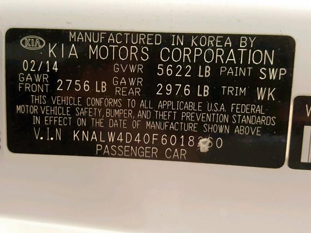 KNALW4D40F6018260 - 2015 KIA K900 WHITE photo 10